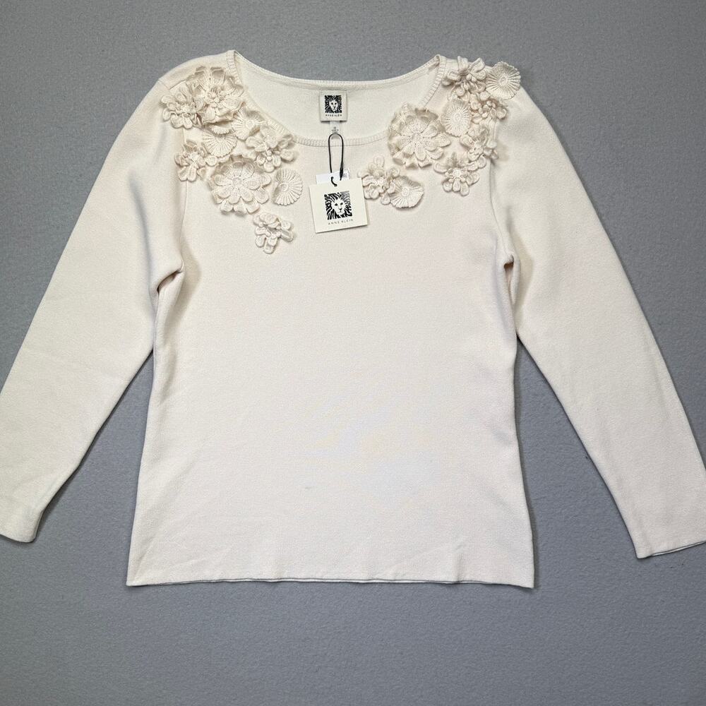 Anne Klein woman's Floral Applique Sweater, Beige White Dove, medium $129